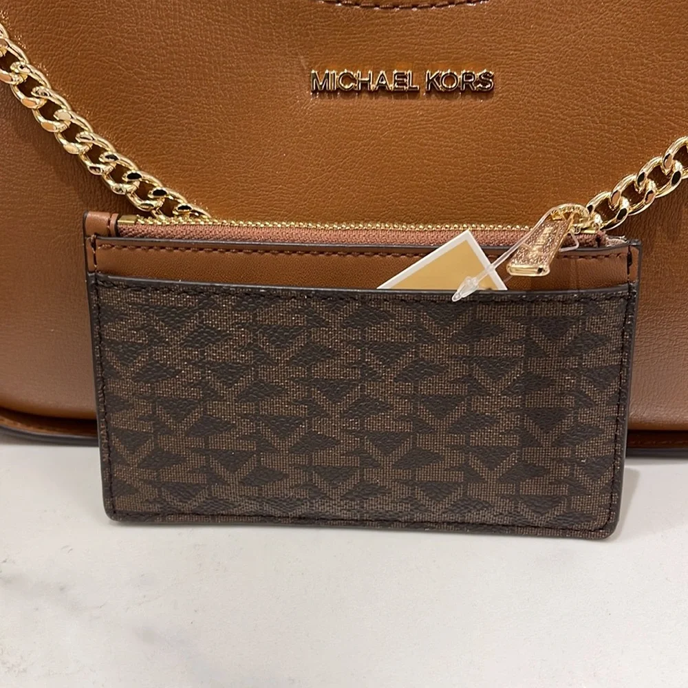 Michael Kors Jet Set Travel Medium Top Zip Card Case Wallet PVC Leathr Brown NWT